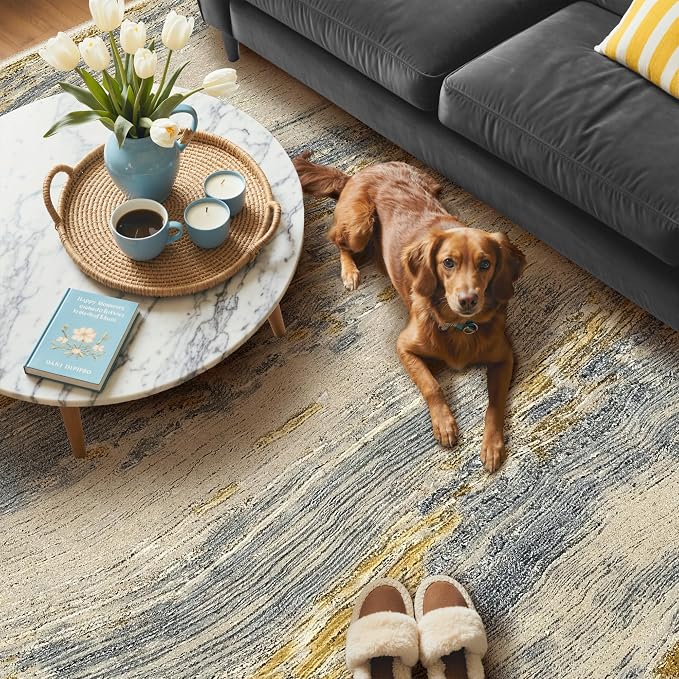 BEIMO 2x7 Non Slip Runner Rugs for Hallway, Wave Abstract Golden Beige | Soft Machine Washable Modern Runners,Streaks Pattern Indoor Marble Carpet for Kitchen Laundry Room Bedroom Bathroom
