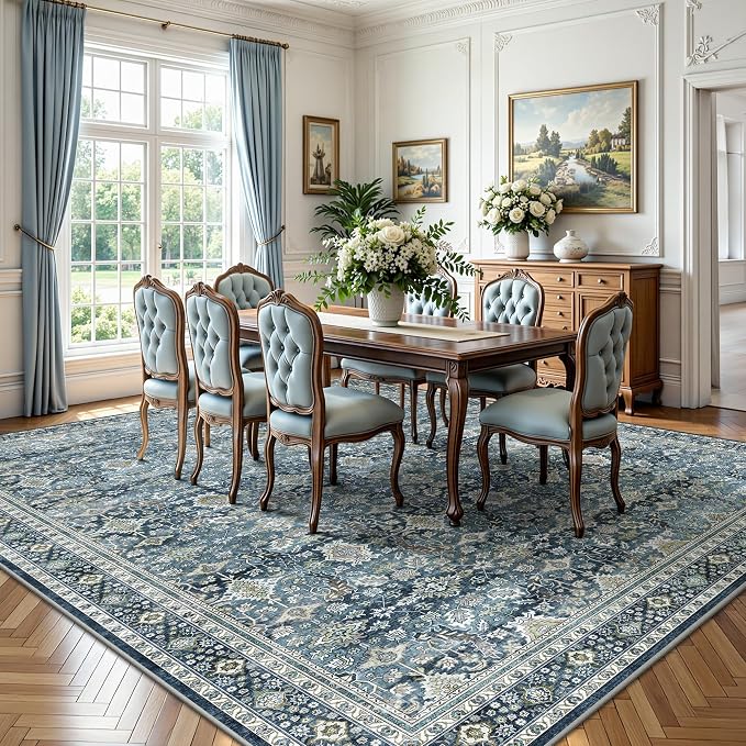 8x10 Area Rugs for Living Room - Washable Vintage Retro Large Rug, Soft Ultra Thin Non Slip Low Pile Traditional Distressed Boho Carpet for Bedroom Dining Room Home Office, Blue