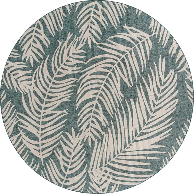 Unique Loom Outdoor Botanical Collection Area Rug - Palm (13' Round, Teal/ Ivory)