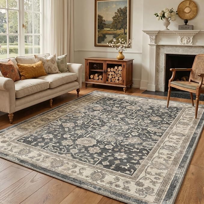 5X7 Area Rug for Living Room, Washable Boho Oriental Floral Non Slip | Easy Care Faux Wool Rug for Bedroom Dining Room, Dusty Charcoal Vintage Floral Rug, Non-Shedding, Vacuum Friendly, Thin