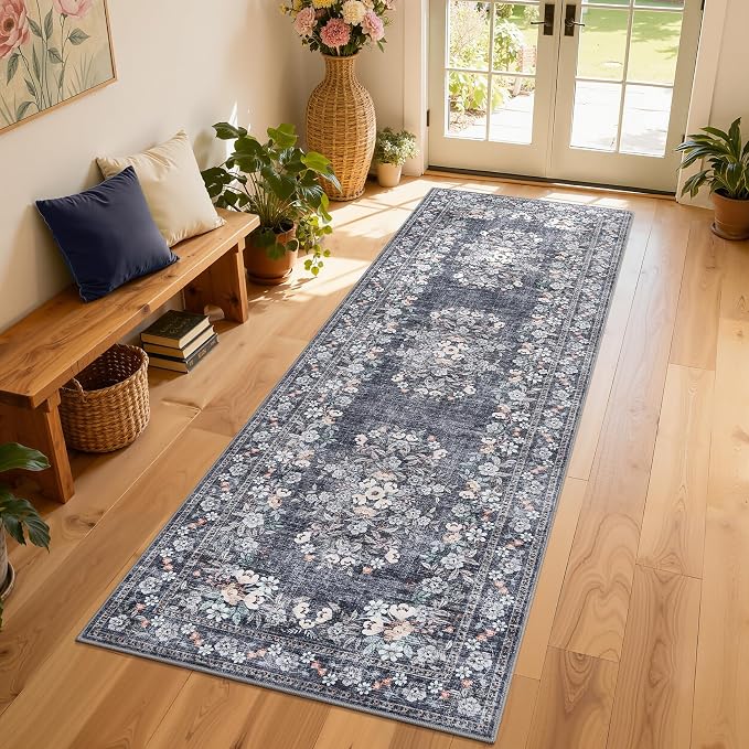 GarveeHome Vintage 2x6 Runner Rug for Hallway Boho Flower Floor Carpets | Non-Slip Machine Washable Accent Mats Botanical Bathroom Runners Low Pile Floral Area Rugs for Kitchen Bedside Blue