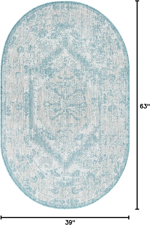 Unique Loom Outdoor Traditional Collection Area Rug - Valeria (3' 3" x 5' 3" Oval, Aqua/ Ivory)