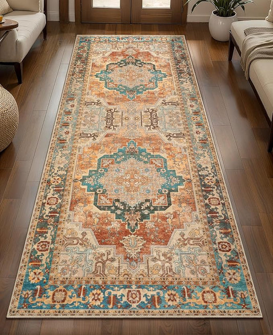 Tangsoo 2x5 Washable Runner Rug for Hallways, Oriental Non Slip Rug Runner | Boho Soft Low Pile Long Rug Runner, Vintage Print Indoor Carpet Runners for Entryway Kitchen Bedroom Bathroom Rusty Orange
