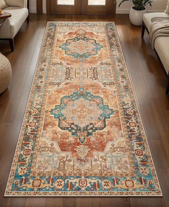 Tangsoo 2x6 Washable Runner Rug for Hallways, Vintage Non Slip Rug Runners | Oriental Soft Low Pile Rug, Vintage Print Carpet Runner for Kitchen Bedroom Entryway Bathroom Living Room Orange Home Decor