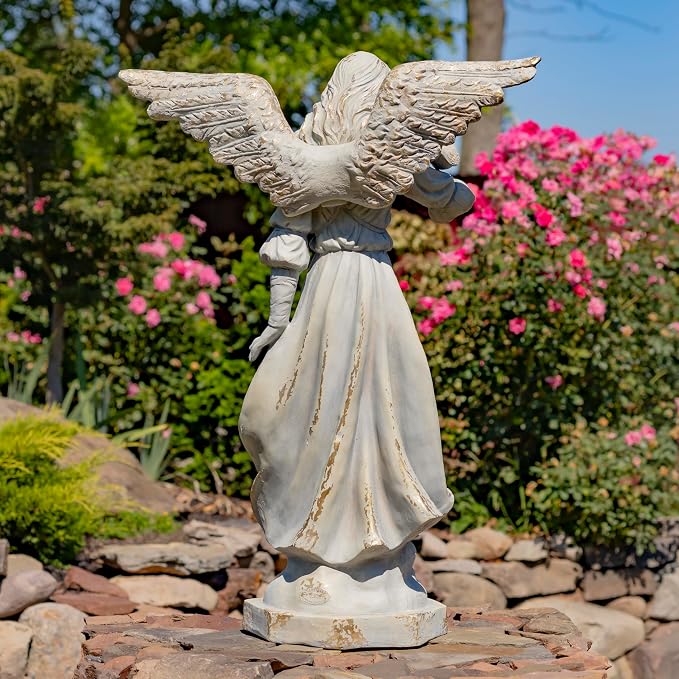 Zaer Ltd. 46" Tall Magnesium Angel Statue with Billowing Dress and Bird Perched on Shoulder in Antique Grey Maria (Antique Grey)