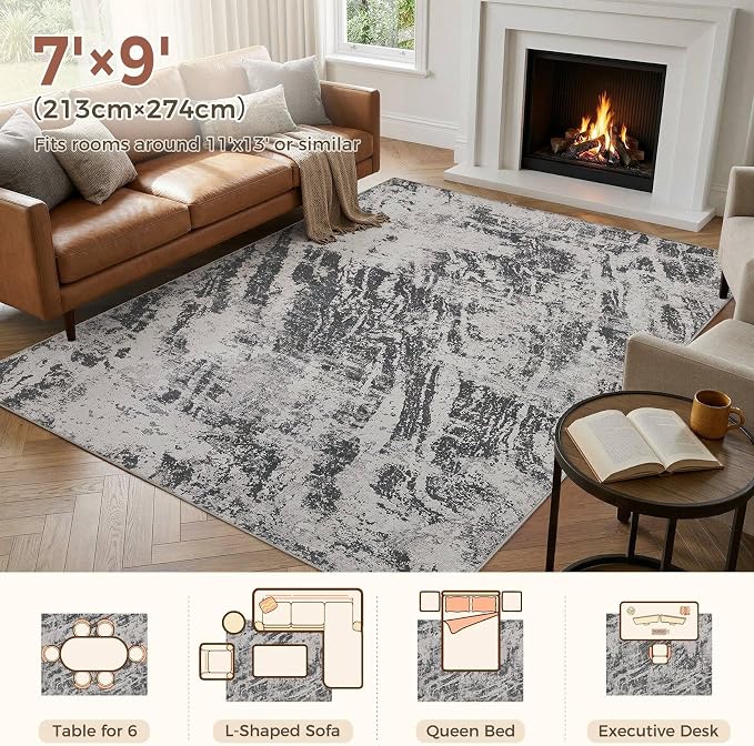 DMOYEST 7x9 Area Rug for Living Room Washable Abstract Indoor Carpet | Neutral Modern Low Pile Rugs Kid & Pet Friendly Large Soft Thin Carpet for Bedroom Dining Room and Office - Light Black