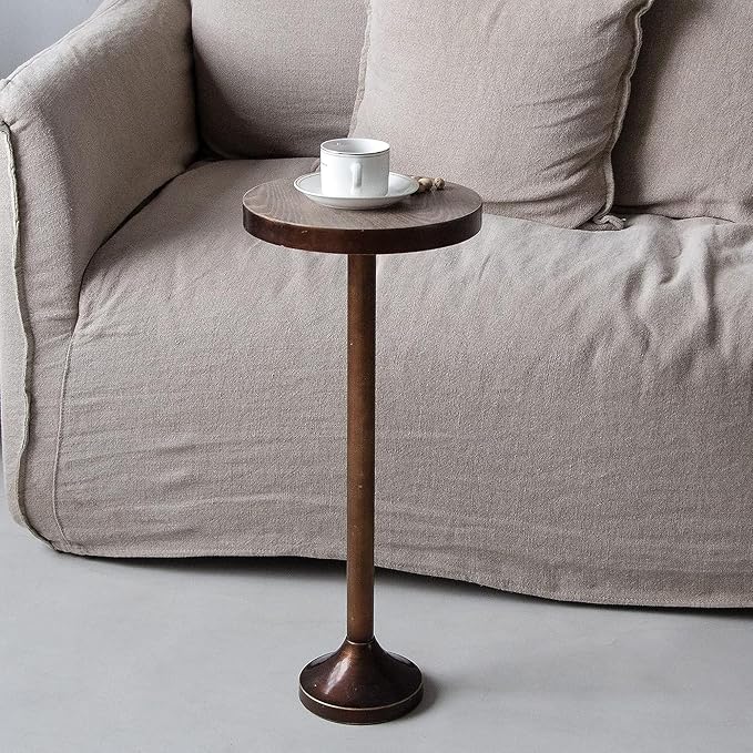 COZAYH Small Pedestal End Table, Living Room Accent Side Table - Display Stand with Wood Top & Distressed Finish Metal Base, Light Espresso