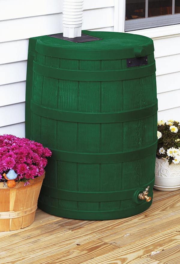 Good Ideas Rain Wizard Water Storage Collection Barrel with Brass Spigot, Safety Screen, and 50 Gallon Capacity, Green