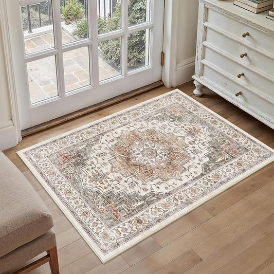 Area Rug 2x3 Entryway Rug Soft Washable Low Pile Vintage Doormat | Non Slip Low Pile Lightweight Carpets Indoor Faux Wool Small Rug Vintage Orange Gray for Entrance Kitchen Bedroom Living Room