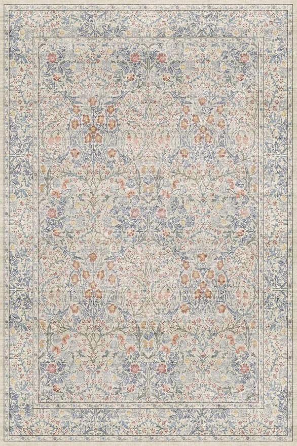 Vintage Washable Beige Blue Area Rugs for Bedroom Under Bed, Living Room, Nursery, Kitchen, Entryway, Low Pile Non Slip Stain Resistance Distressed Retro Indoor (Beige Blue, 4 x 6)