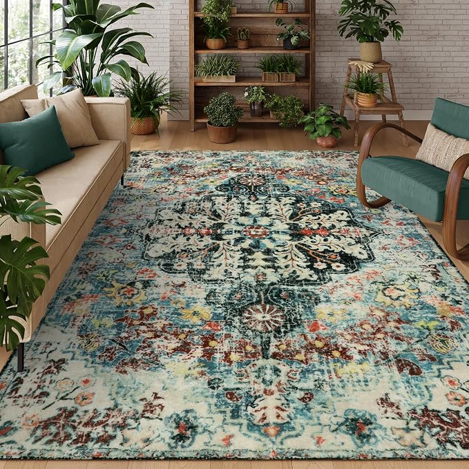 Lahome Reine Area Rugs 9x12 Living Room Boho Washable Rugs,Large Boho Rugs for Bedroom Dining Room,Floral Soft Non Slip Low Pile Throw Indoor Floor Carpet for Nursery Kids Playroom(9x12ft,Teal)