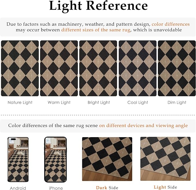 PureCozy 5x8 Checkered Easy Jute Area Rug for Living Room Checkerboard Washable Indoor Outdoor Carpet Farmhouse Patio Office Mat Textured Diamond Non Slip Black Carpet for Backyard Dining Room