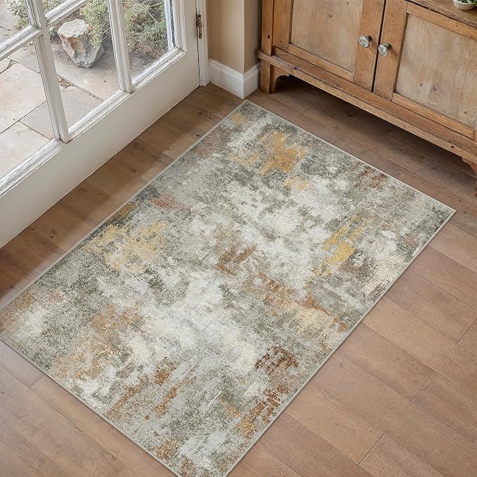 2x3 Grey Orange Modern Abstract Washable Area Rug for Entryway | Low Pile, Non Slip, Modern Abstract Style, Soft Indoor Rug for Entryway, Kitchen, Bathroom, Door Mat, Home Decor