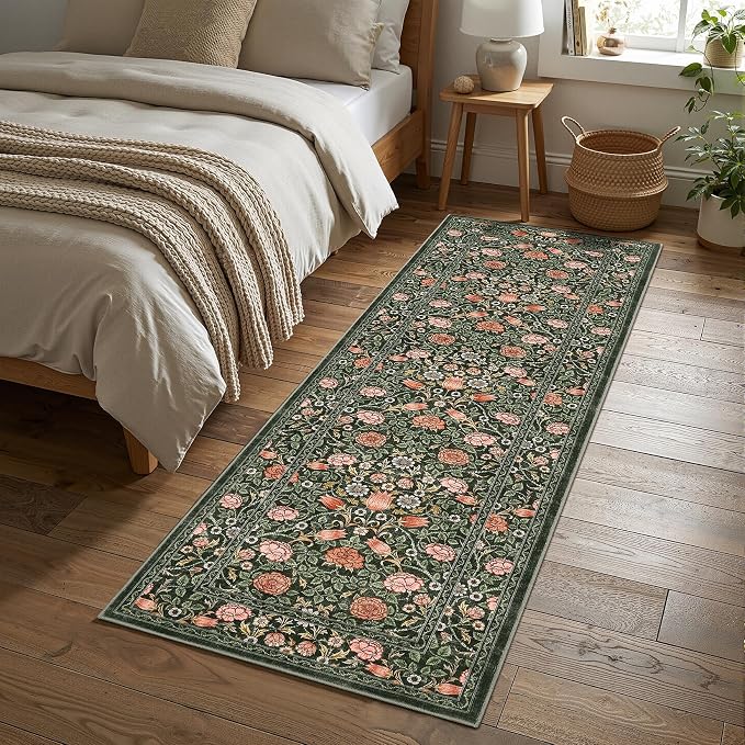 GarveeHome Dark Green Floral 2.5x8 Runner Rug for Kitchen Hallways | Washable Entryway Bedroom Bathroom Dorm Rug Vintage Boho Rugs Low-Pile Non-Slip Stain Resistant TPE Backing