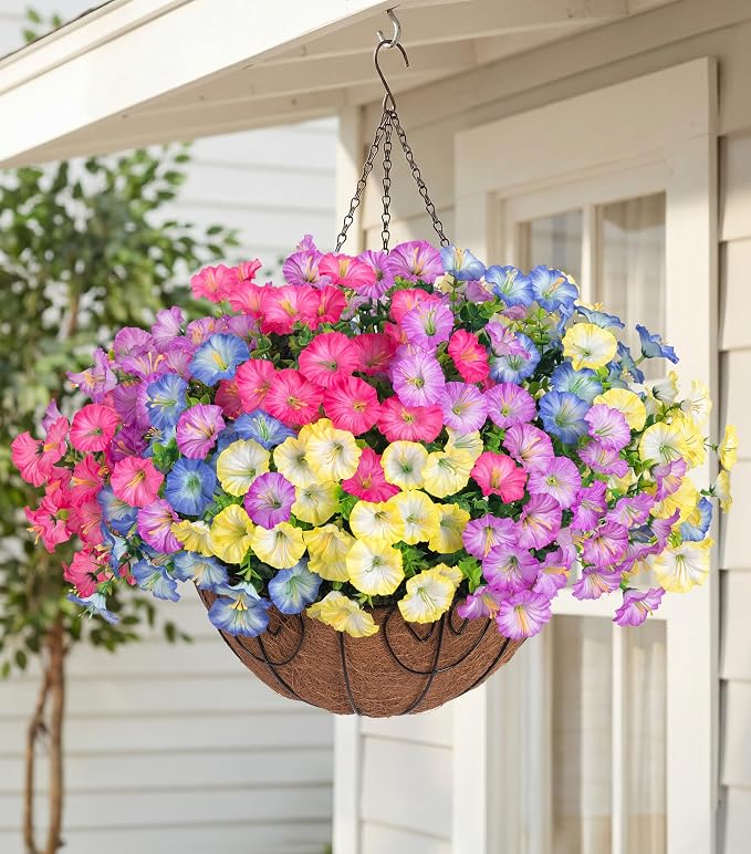 Artificial Fake Hanging Flowers Baskets for Outdoors Faux Plants Spring Outside Decor, UV Resistant Silk Morning Glory Flowers in Planter Realistic Petunias for Outdoor Porch Patio Garden Yard Home