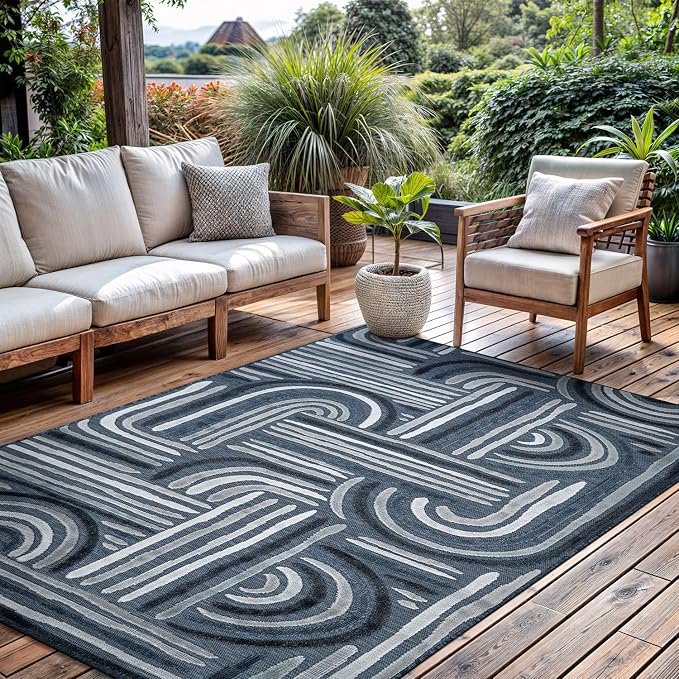 CAMILSON Indoor Outdoor Rug, Navy Blue 9x12 Geometric Arch Striped Large Area Rugs for Patio and Home Areas, Easy-Cleaning Non-Shedding Living Room, Garden and Deck Washable Outside Carpet (9 x 12)