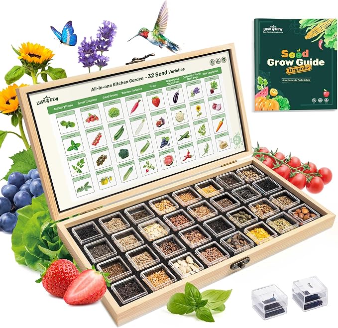 Lush&Dew Kitchen Garden Seed Bank, 32 Types Heirloom Seeds, Gardening Gifts | Non-GMO Seeds for Planting Vegetables Fruits Herbs, Gardener Gifts for Women Men, Survival Seed Kit for Food Supply Zone 3-11