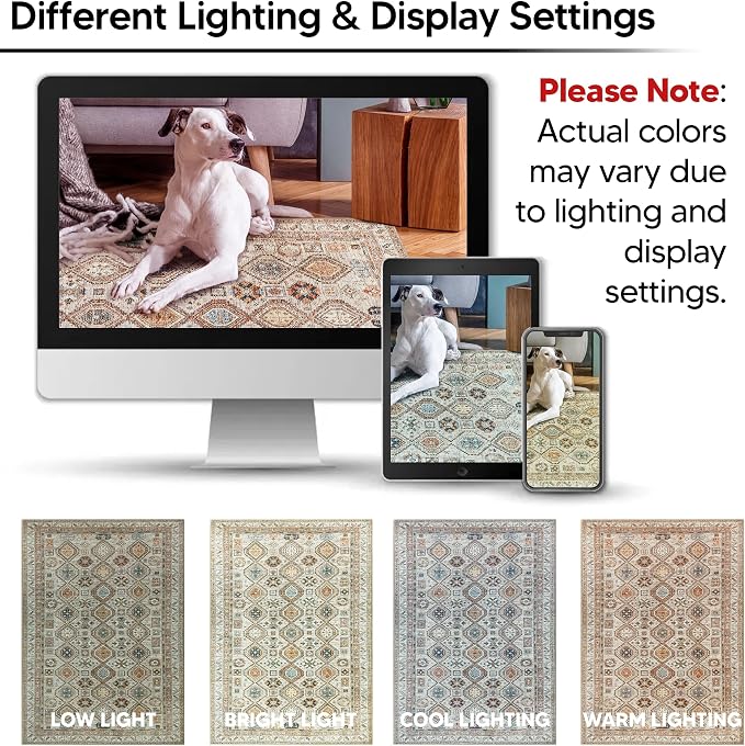 Keen Home Design Vintage Washable Area Rug, Non-Slip Low Pile, 5x7 | Machine Washable Cotton Chenille, 0.25In Low Pile, Rubber Non-Slip Back; Living Room, Bedroom, Dining Room, Office