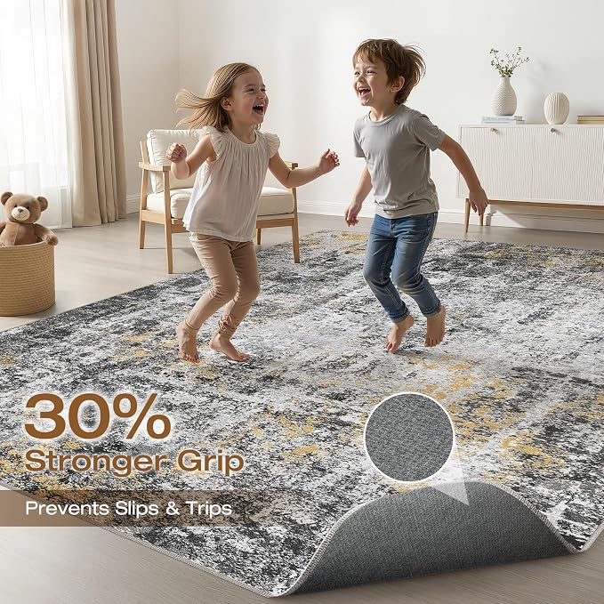 LOONGRUG 8x10 Area Rugs Washable Neutral Modern Living Room Rug Black Gold | Abstract Soft Stain Resistant Indoor Non-Slip Carpet for Bedroom Nursery Kids Office Playroom Dining Room