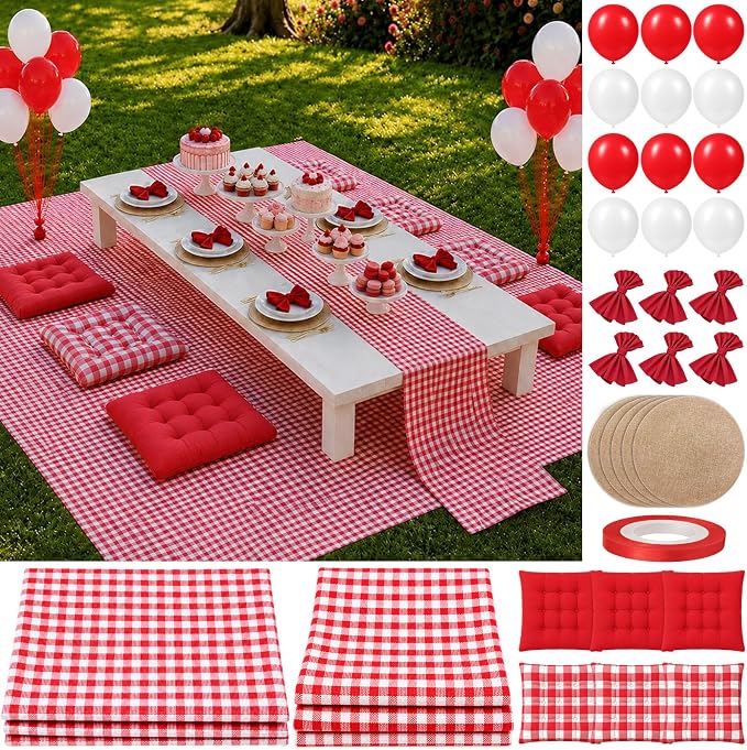 Cinrobiye Boho Picnic Party Set for Outdoor, Aesthetic Picnic Setup with Large Picnic Blanket, Floor Cushions, Table Runner, Napkins, Balloons for Wedding, Bridal Shower, Birthday(Red)