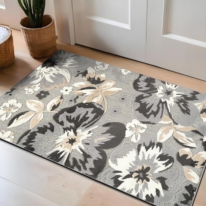 Rugshop Bergamo Contemporary Floral Non-Shedding Easy Cleaning Patio Deck Backyard Indoor/Outdoor Area Rug 2' 7" X 4' Gray