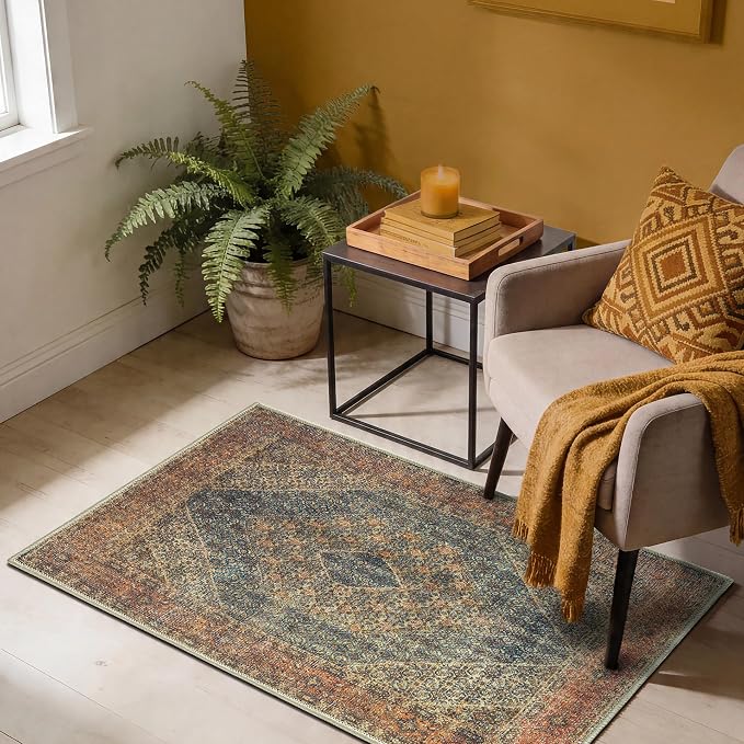 Keen Home Design Vintage Washable Entryway Rug, Non-Slip Low Pile, 2x3 | Machine Washable Cotton Chenille, 0.25In Low Pile, Rubber Non-Slip Back; Kitchen, Entryway, Bathroom, Bedside
