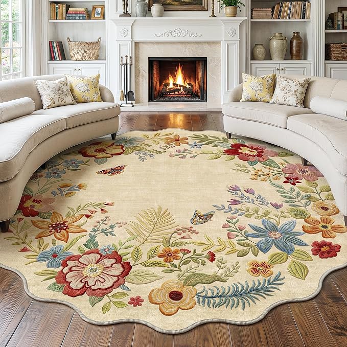 FMFUNCTEX 8ft Round Washable Beige Boho Scalloped Area Rug for Living Room | Floral Vintage Flower Colorful Traditional Soft Cream Large Non Slip Low Pile Circle Rug Neutral Dining Room Bedroom Nursery