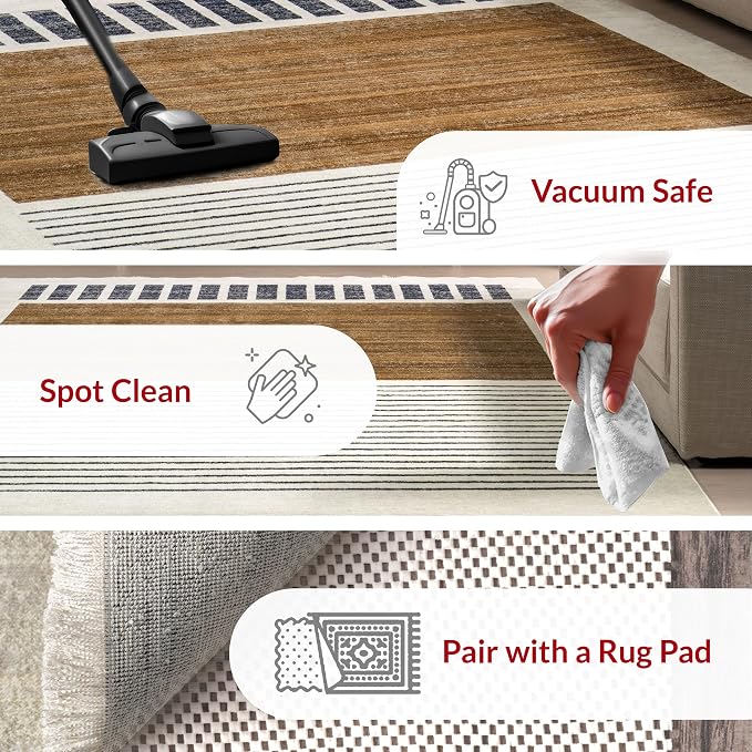 nuLOOM Keeva Beige Striped Power Loomed Area Rug, 7' x 10' | nuLOOM 7' x 10' Fringed Performance Indoor Area Rug, Power Loomed, Easy Clean, Durable, Non-Shed, Beige