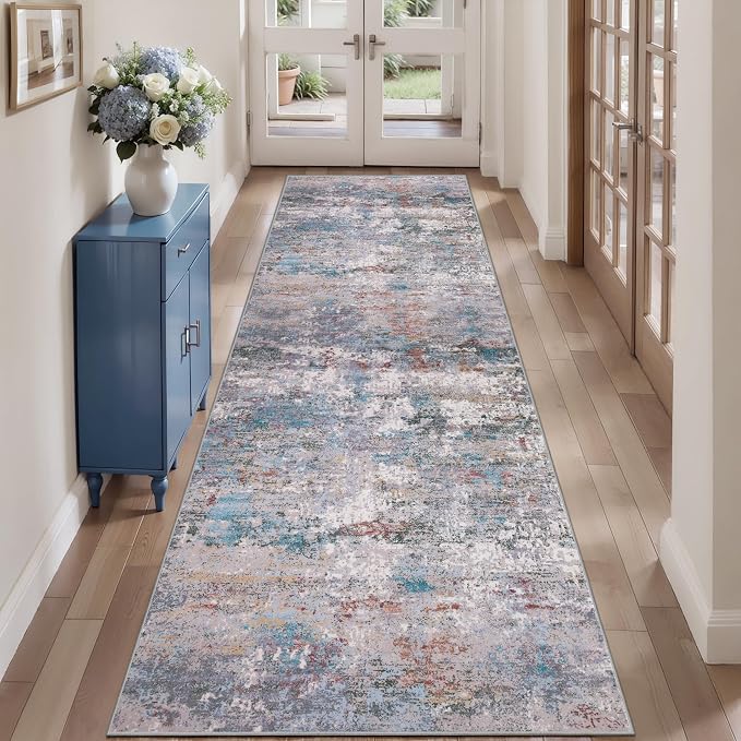 Tangsoo Abstract 3x8 Hallway Washable Runner Rug, Modern Non Slip Runner | Soft Low Pile Long Runner Rugs, Contemporary Carpet Runners for Hallway Kitchen Bedroom Entryway Living Room Blue Grey Decor