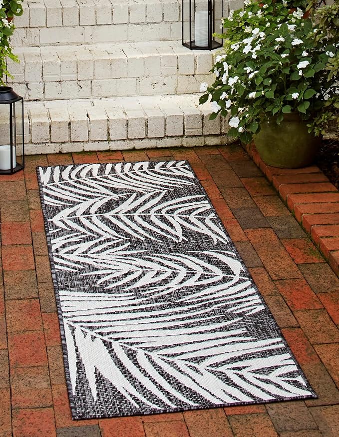 Unique Loom Outdoor Botanical Collection Area Rug - Palm (2' x 6' 1" Runner, Charcoal/ Ivory)