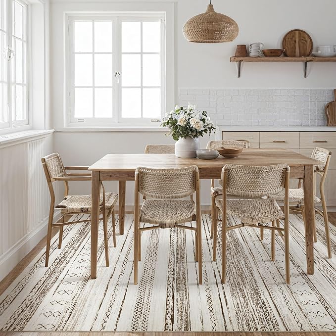 Tortania Area Rug Living Room Rugs - 5x7 Washable Large Soft Neutral Boho Moroccan Bohemian Farmhouse Rug Indoor Floor Carpet for Bedroom Under Dining Table Home Office Decor - Cream Brown