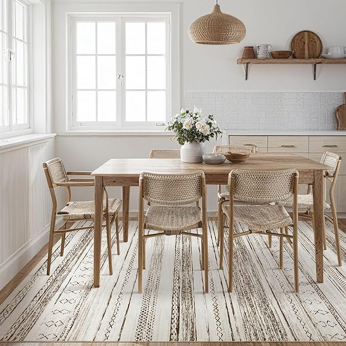 Tortania Area Rug Living Room Rugs - 10x14 Washable Large Soft Neutral Boho Moroccan Bohemian Farmhouse Rug Indoor Floor Carpet for Bedroom Under Dining Table Home Office Decor - Cream Brown