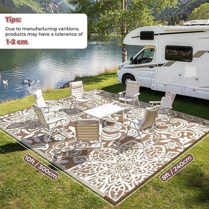 Findosom Waterproof Outdoor Rug 8' x 10' - Reversible Mandala Outdoor Plastic Straw Rug, Durable Foldable Patio Rug for RV, Deck, Balcony, Backyard, Picnic, Porch, Camping, Beach, Brown