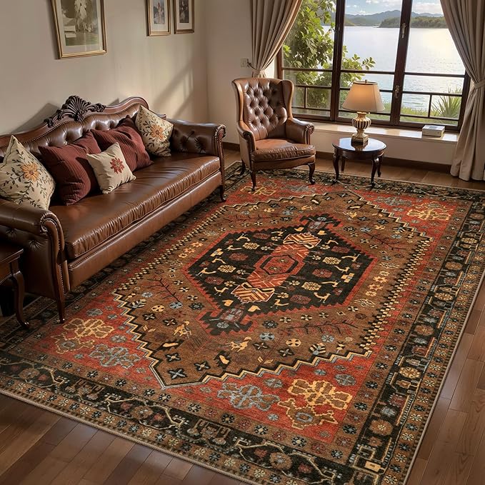 Ciicool Washable 4x6 Area Rug,Boho Non-Slip Indoor Mat for Entryway Kitchen | Oriental Low-Pile Soft Vintage Boho Indoor Entry Carpet for Bedroom Bedside Living Room Laundry Bathroom Dining Room