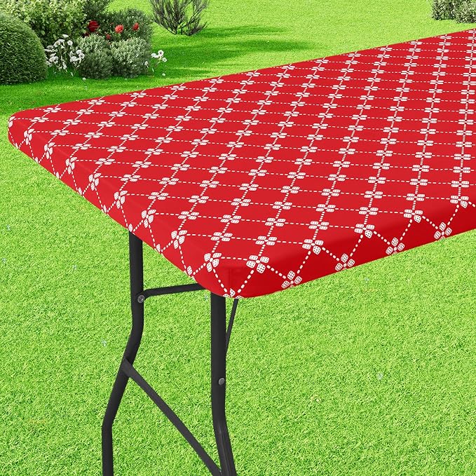 misaya Rectangle Vinyl Table Cloth, Elastic Fitted Tablecloth with Flannel Backing, Waterproof Plastic Table Cover Fits 6 Foot Folding Tables for Picnic, Camping, Indoor and Outdoor (Red, 30" x 72")