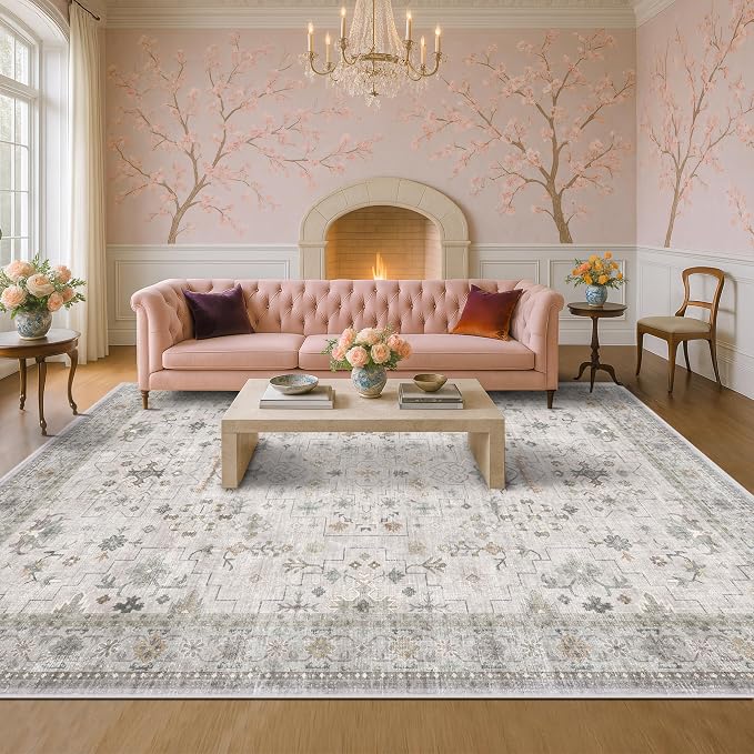 Large Light Gray & Sage 9x12 Living Room Rug - Vintage Floral Area Rug for Dining Room, Washable Low Pile Bedroom Carpet, Modern Eclectic Geometric Decor & Stain Resistance
