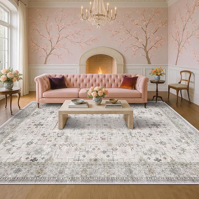 Large Light Gray & Sage 10x14 Living Room Rug - Vintage Floral Area Rug for Dining Room, Washable Low Pile Bedroom Carpet, Modern Eclectic Geometric Decor & Stain Resistance