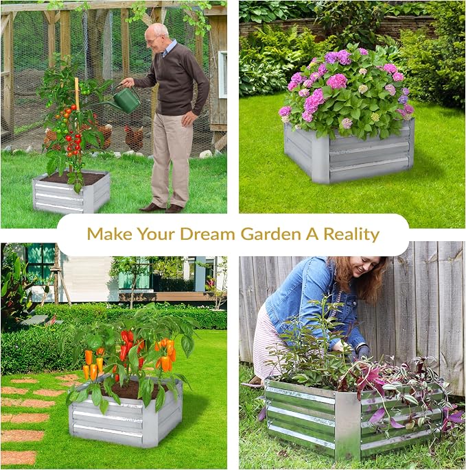 Sunnydaze Galvanized Raised Garden Bed Kit - 2x2x1 ft Outdoor Raised Garden Bed - Metal Planter Box for Vegetables, Flowers, Herbs - Silver - Square