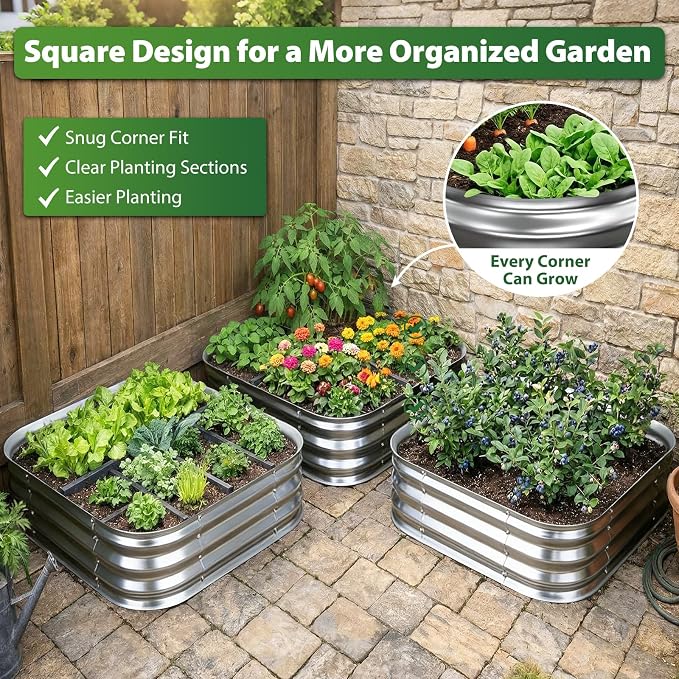 Square Galvanized Raised Garden Bed 3x3 ft – Easy Home Gardening Planter Box for Vegetables & Flowers,Herbs – 12" Heavy Duty Outdoor Gardening Bed with Easy Assembly (Silver)
