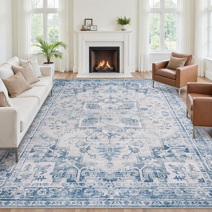 9x12 Washable Area Rugs for Living Room Blue Grey Non-Slip Rug | Vintage Medallion Rug，Soft Low Pile Large Rugs，Indoor Retro Carpet for Bedroom Nursery Dining Table Farmhouse Home Office