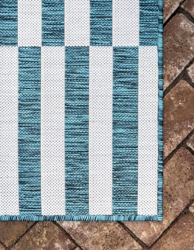 Unique Loom Outdoor Striped Collection Area Rug - Striped (5' 1" x 8' Rectangle, Teal/Ivory)
