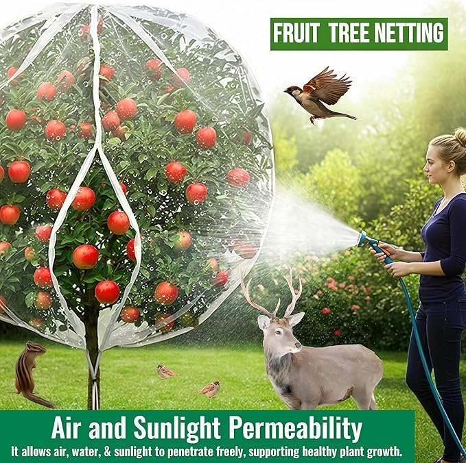 Drawstring & Zipper Fruit Tree Netting Cover - 4 Pack 10×10Ft - Reusable Bird Netting for Blueberry Bushes, Anti-Cicada/Deer/Squirrel Large Plant Protection Net