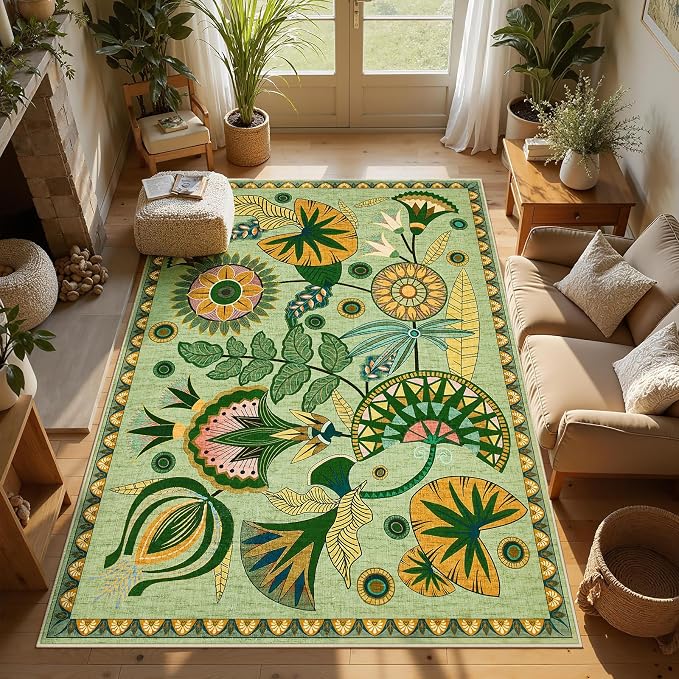 Joydeco Egypt Floral Boho Washable 5x7 Rug for Bedroom Nursery Living Room | Sage Green Botanical Colorful Non Slip Soft Stain Resistant Flower Indoor Carpet for Dining Room Entryway Guest Room Playroom
