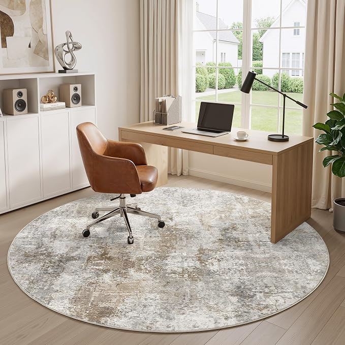 6Ft Round Area Rug Washable Abstract Rugs for Living Room Light Brown/Grey | for Bedroom, Dining Room, Office, Nursery, Soft Neutral, Low Pile Non-Slip, Kid Pet Friendly, Large Indoor Carpet, Home Decor