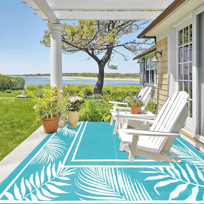 Bsmathom Waterproof Outdoor Rug 9x12ft Large Reversible Boho Plastic Straw Patio Deck Camping Rugs, Indoor Outdoor Portable RV Mat Carpet for Outside, Porch, Balcony, Backyard, Beach, Pool,Teal