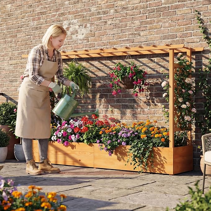 Giantex Raised Garden Bed with Trellis & Hanging Roof, Wood Planter Box with Bottom and Drainage Holes, Freestanding Garden Planter for Flower Vegetable Fruit Herb Climbing Vines (79" x 17.5" x 45")