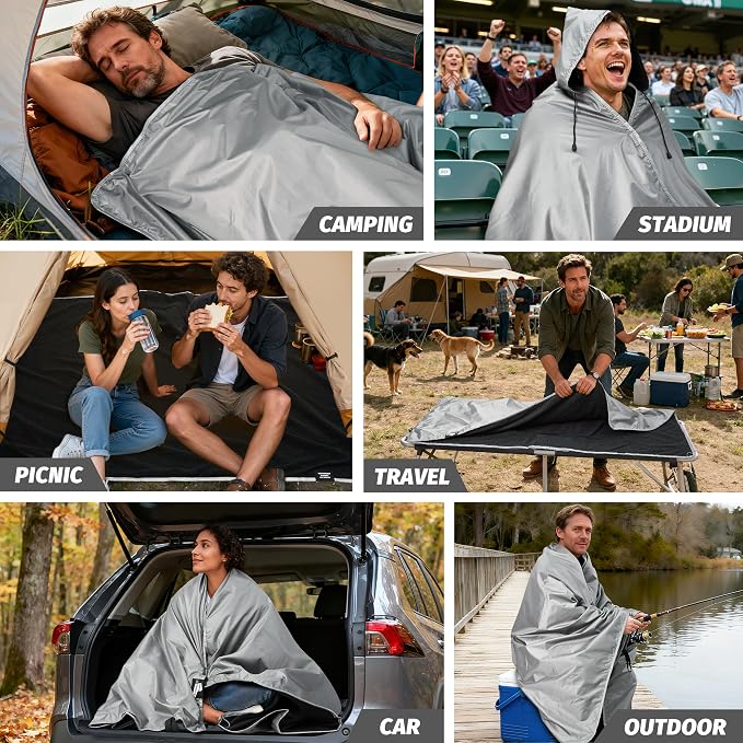 Large Waterproof Outdoor Picnic Blanket 80"x 58" | Windproof Lightweight Stadium Blanket, Packable, Stay Dry and Comfortable for Camping, Sports, Travel - Grey Hooded
