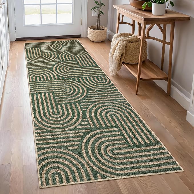 Garvee 2x6 Modern Abstract Kitchen Rugs Washable Rugs for Hallway | Green Rainbow Area Rug Stain Resistant Easy Cleaning Throw Rugs Low Pile Floor Cover for Bedroom Laundry