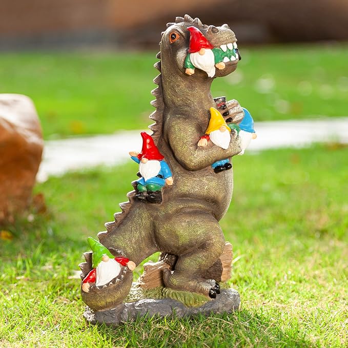 Malister 14 Inch Dinosaur Gnomes Garden Statues for Fall Winter Garden Decor, Gnomes Statues Outdoor Decor, Outdoor Statues for Patio, Lawn, Yard Decorations Outdoor, Dino Housewarming Garden Gifts