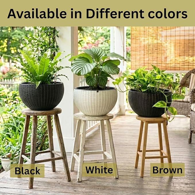 LaLaGreen Hanging Planters for Indoor Plants (11 Inch, 3 Pack) Self-Watering Round Flower Pots with Water Level Indicator, White Rattan Style Baskets with Metal Chain for Balcony, Porch Garden Outdoor